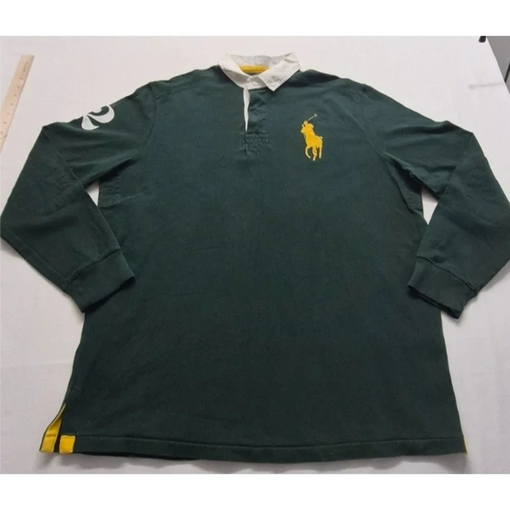 Polo Ralph Lauren men's green rugby shirt Yellow Big Pony Logo #2 LS Y2K‎ VTG